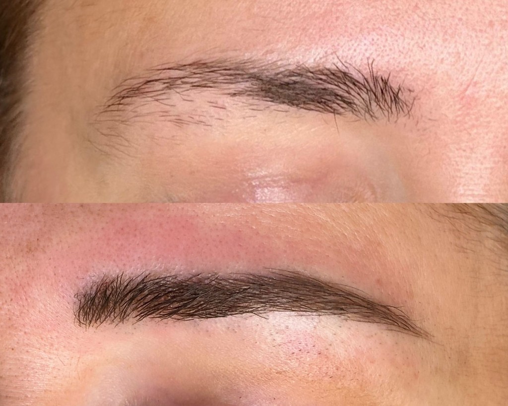 Before and after powder brows — soft ombré shading by Shaded & Bladed in Tulsa, OK