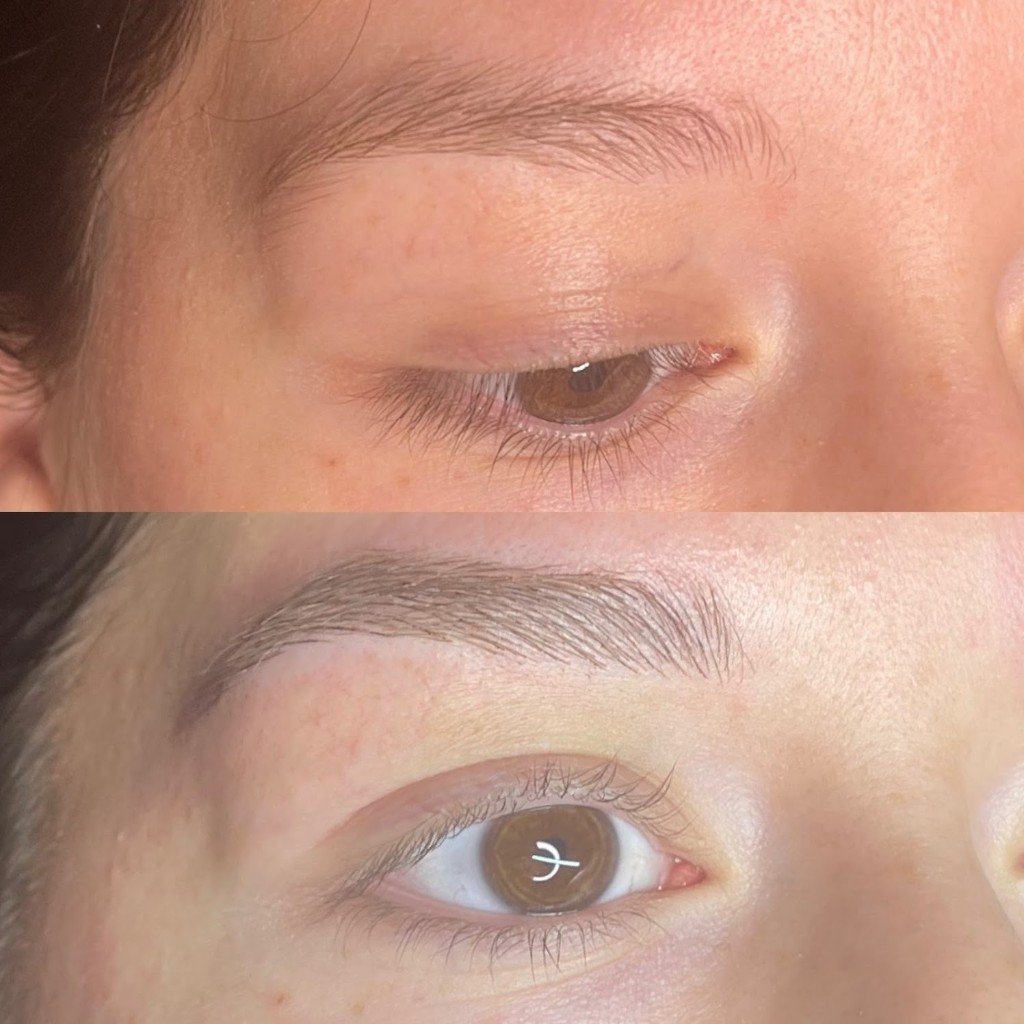 Before and after nano brows — natural hair-stroke result by Shaded & Bladed in Tulsa, OK