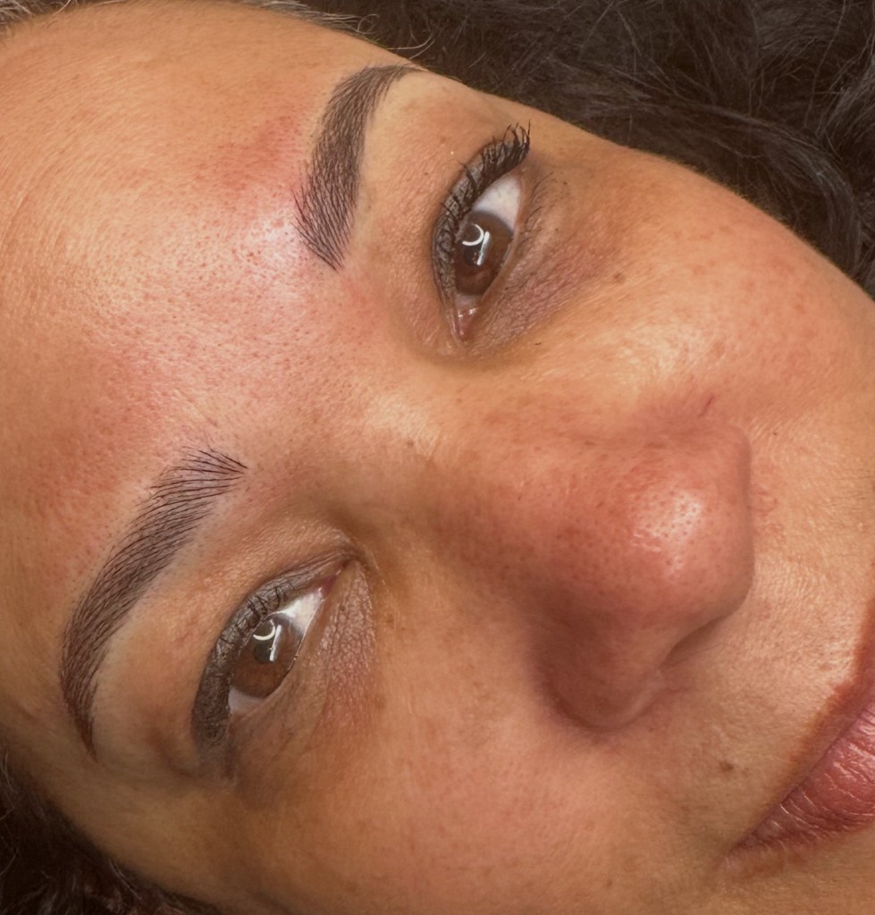 Combination brows result — powder shading with hair strokes by Shaded & Bladed Tulsa