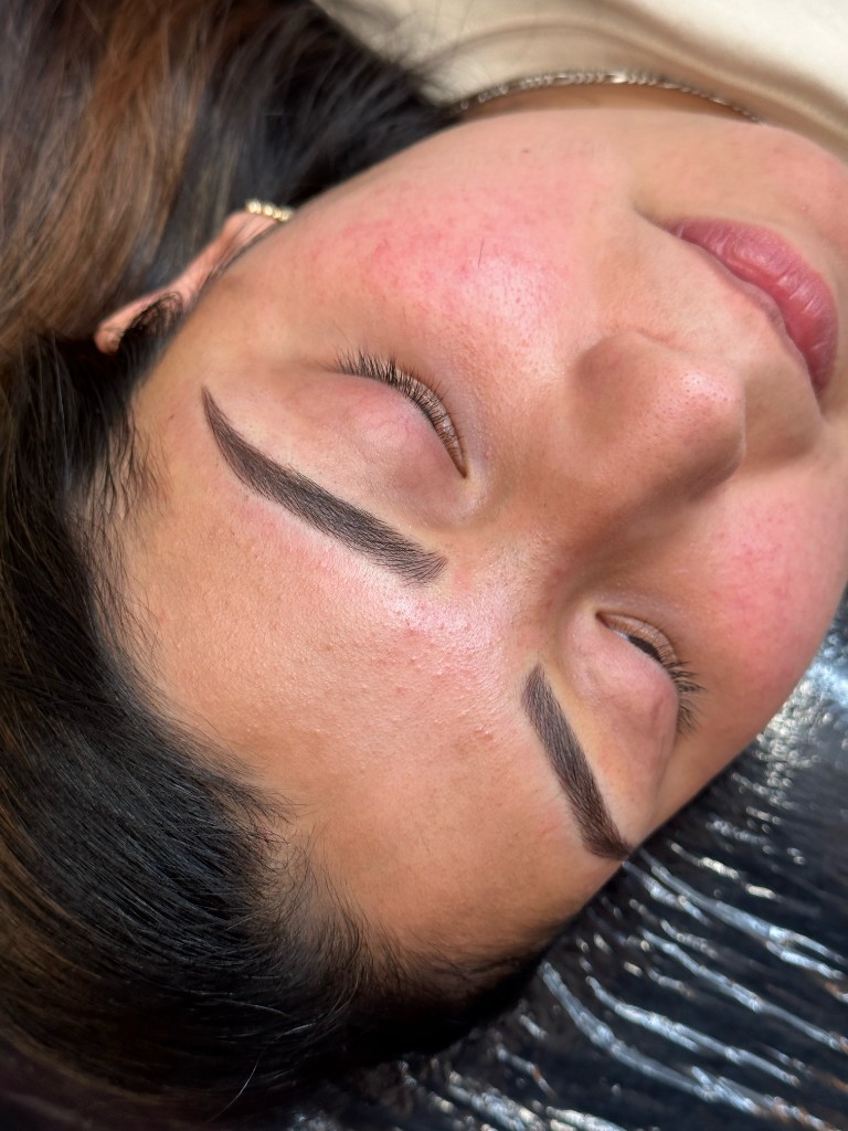 Combination brows — soft powder fill with nano strokes by Shaded & Bladed Tulsa
