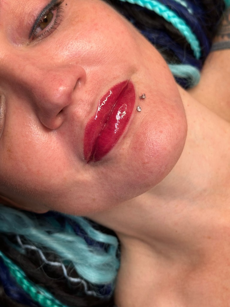 Lip blushing result — custom color and symmetry correction at Shaded & Bladed Tulsa